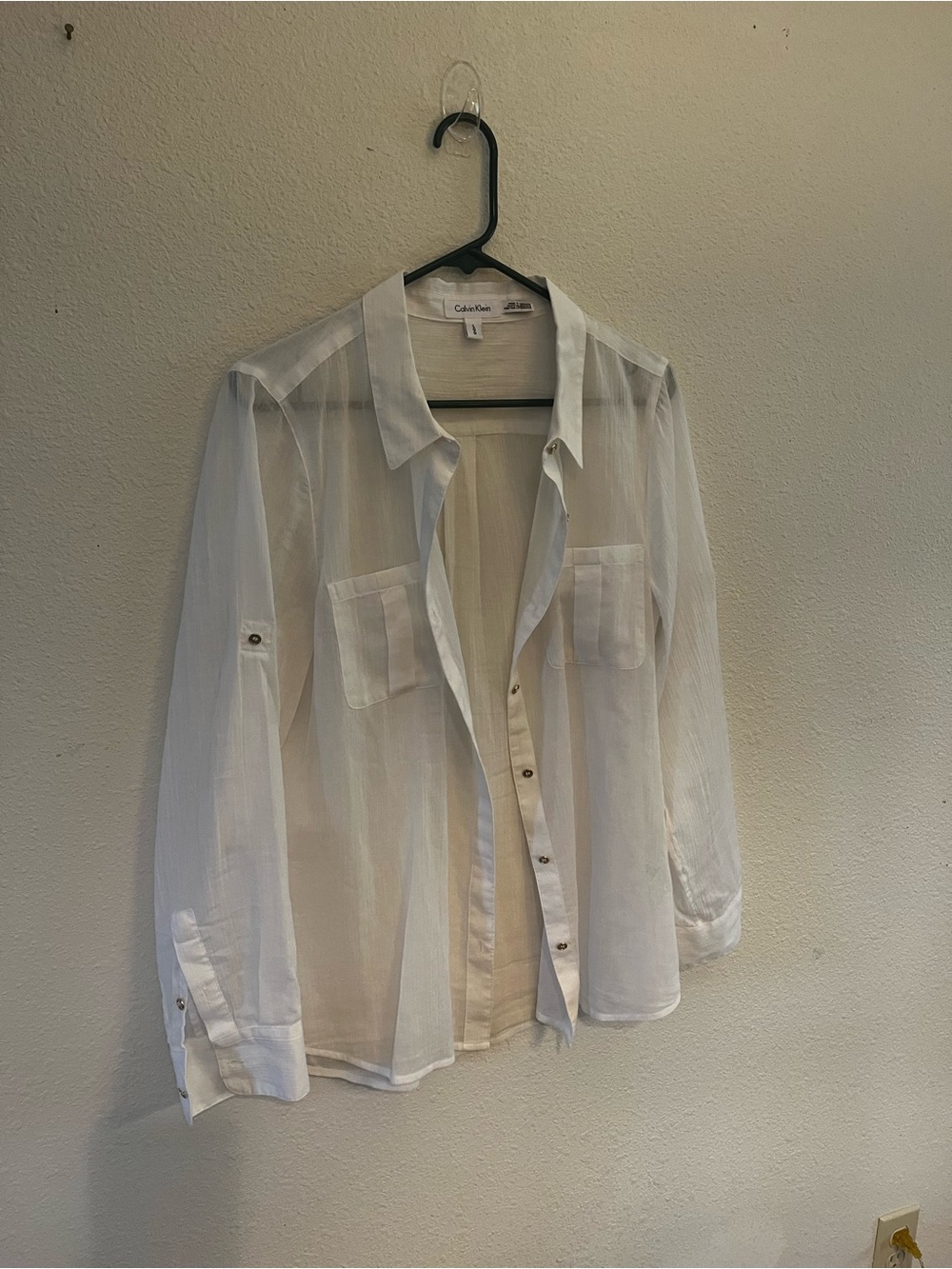 Calvin Klein Womens L Long Sleeve Button Front Blouse Shirt with adj sleeves.